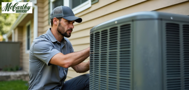 McCarthy HVAC technician repairing outdoor HVAC system near home in Arlington, VA