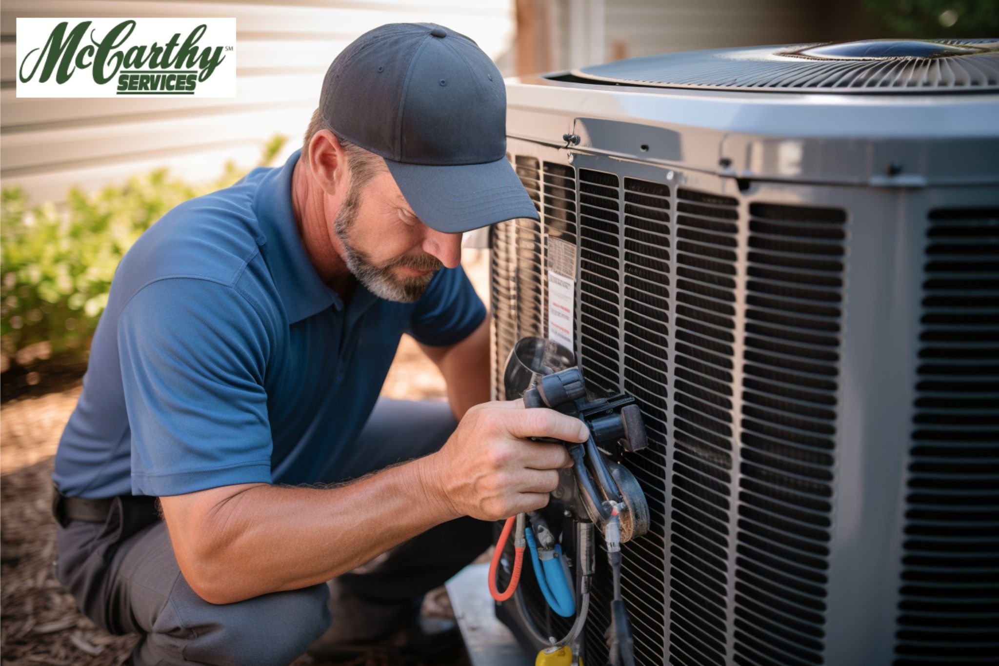 McCarthy technician holding HVAC testing tool to repair an HVAC system at a home in Alexandria, VA.
